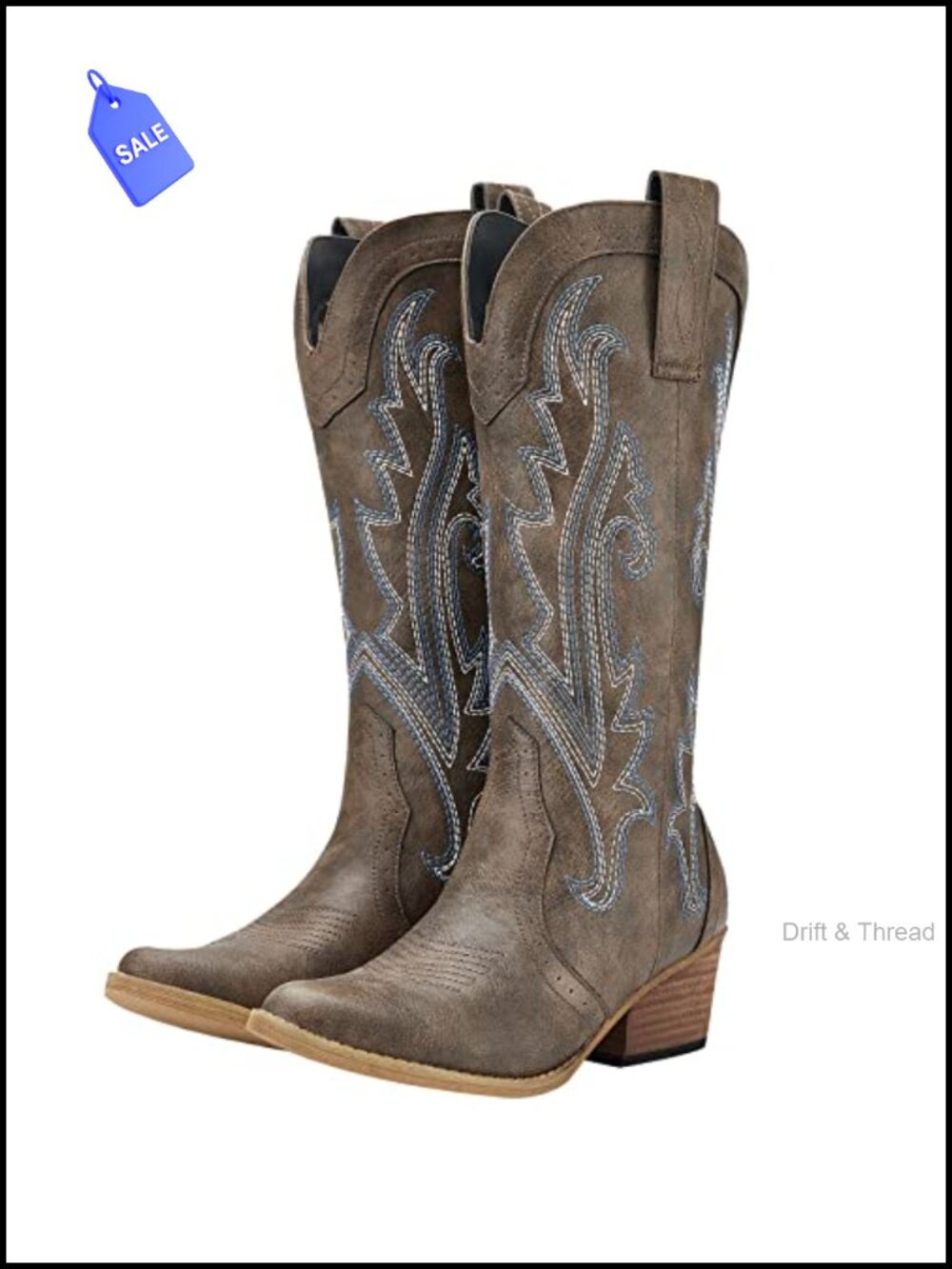 Western Cowboy Boots Mid Calf Pointed Toe Block Heel